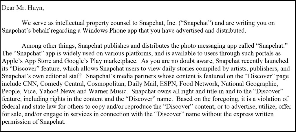 Carta do Snapchat para o Rudy Huyn