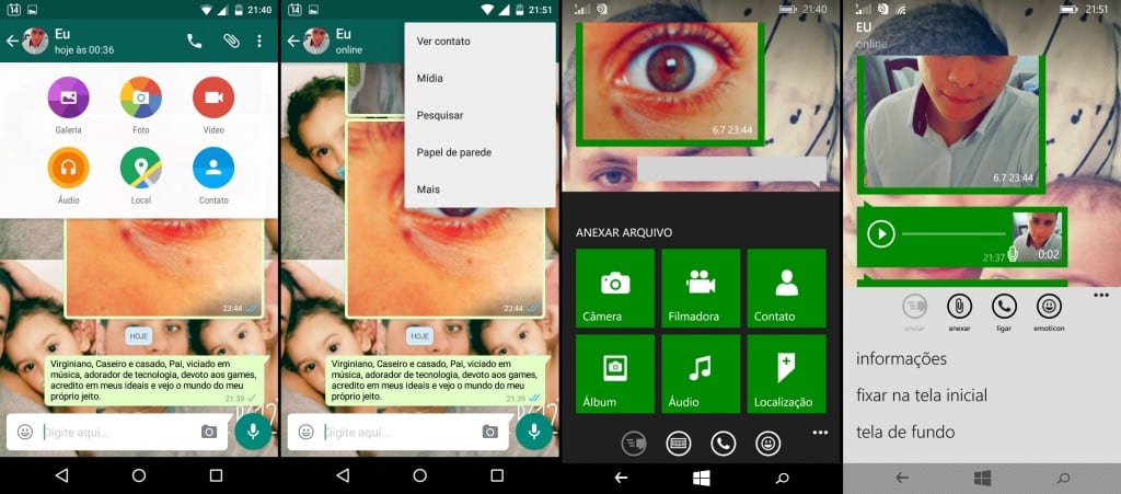 Apesar de localizadas em lugares diferentes, todas as opções da tela de conversas estão disponíveis para as duas plataformas.