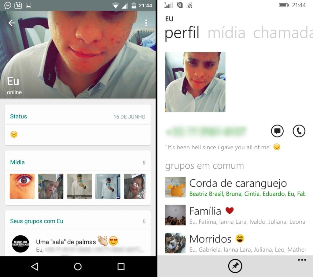 Perfil do Contato Whatsapp Windows Phone x Android