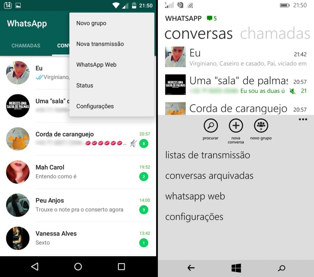Os menus de contexto aderem ao padrão da plataforma.