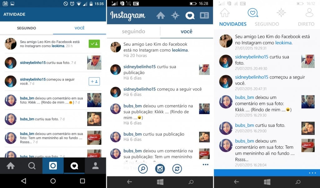 Instagram Comparação de apps
