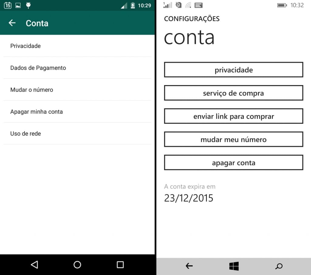 Configurações da Conta.