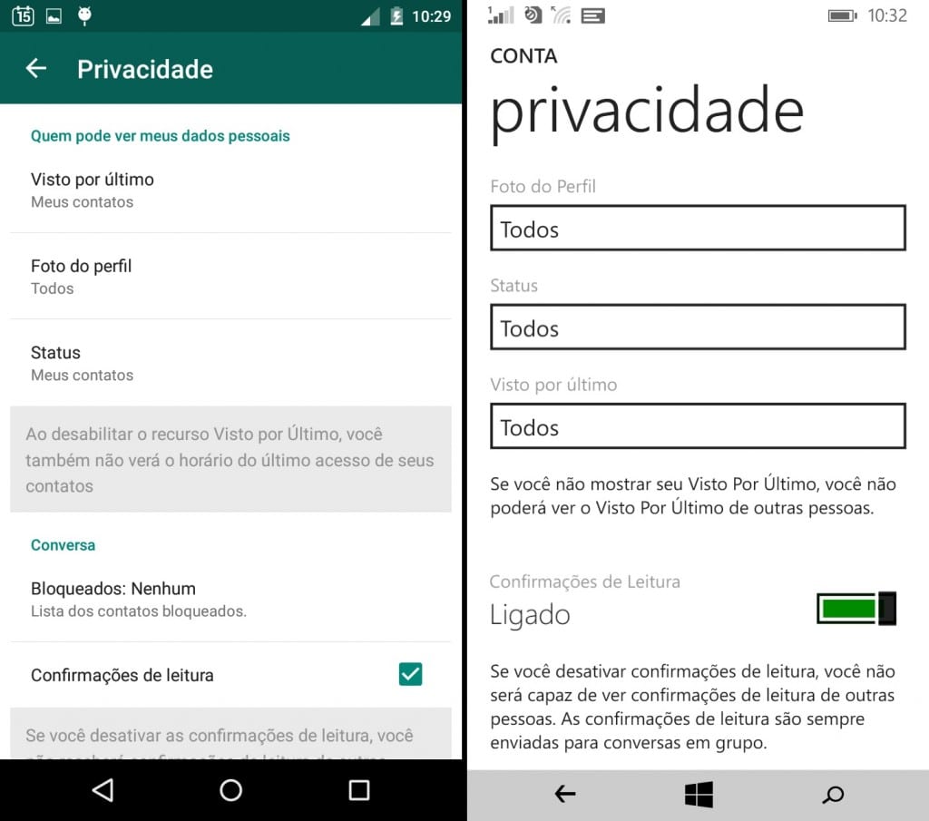 Configurações de Privacidade.