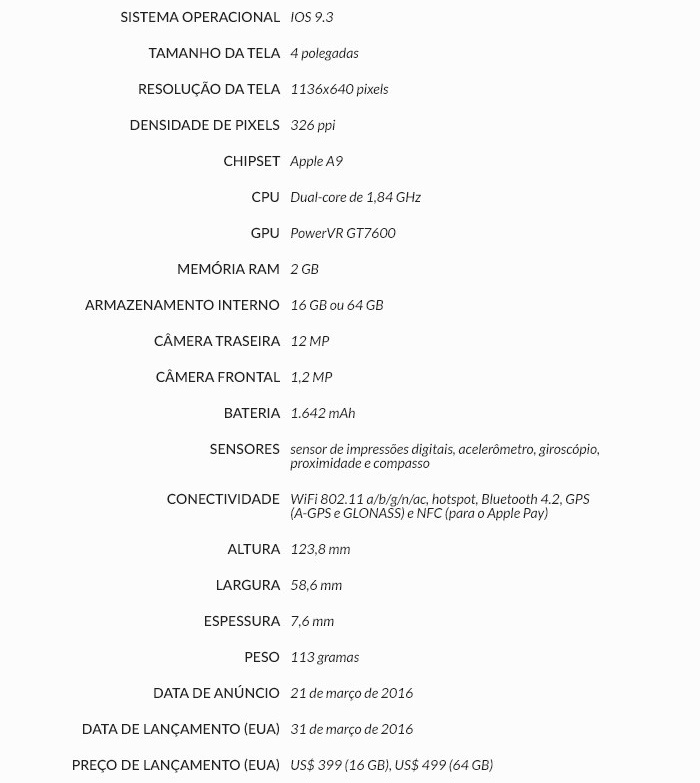 iPhone SE specs