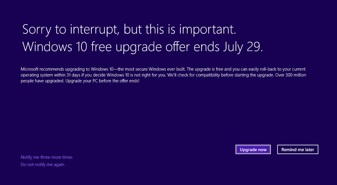 Windows 10 Aviso